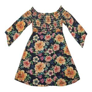 Farm Rio Dress Off-The-Shoulder Black Floral Smocked Flare Anthropologie XS